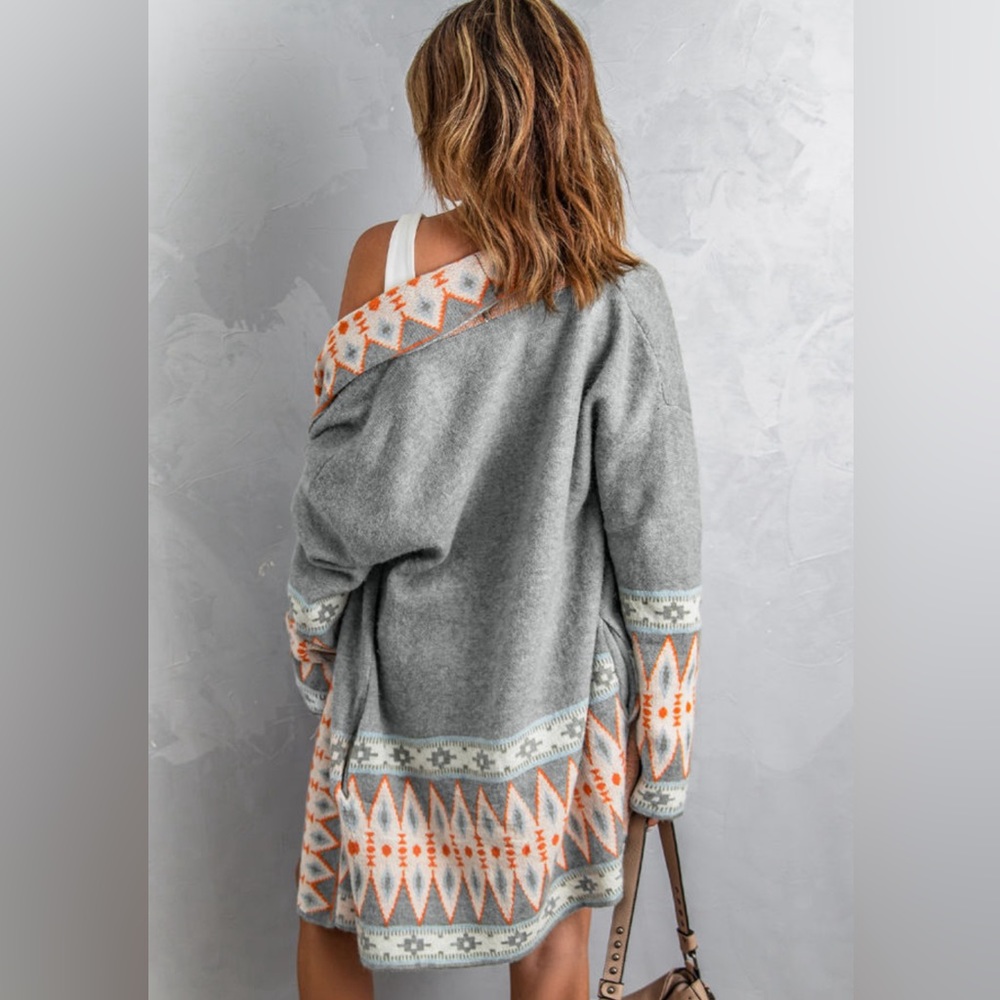 Gray Aztek Print Open Front Knitted Cardigan - image 4
